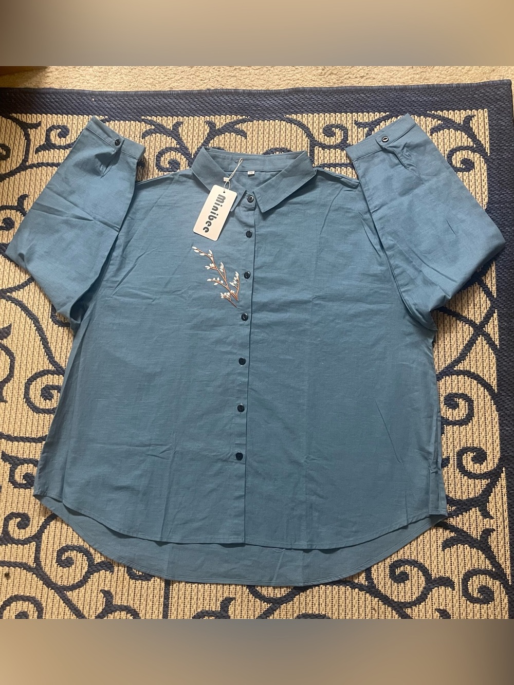 Minifee Teal Button-Down Shirt with Subtle Embroidered Detail 35%Linen-65%Cotton